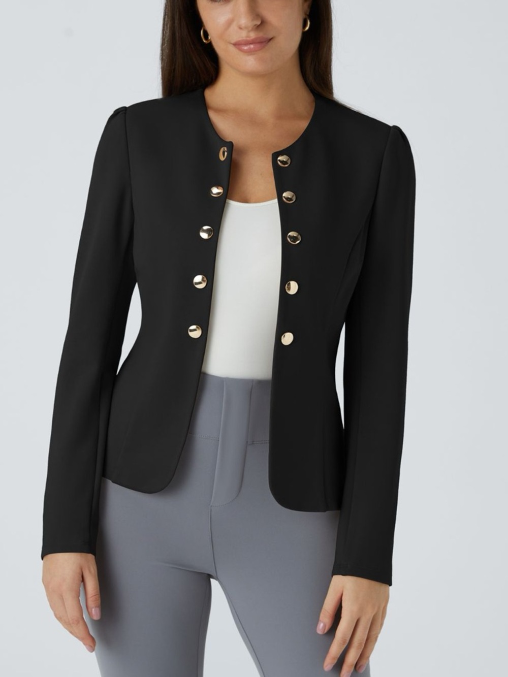 HALARA Round Neck Black Blazer with Gold Faux Buttons Large